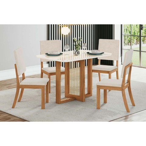 Conjunto: Mesa de Cozinha Natalí C/ Tampo Madeirado C/ Vidro Curvo 120x80cm e 4 Cadeiras Milla