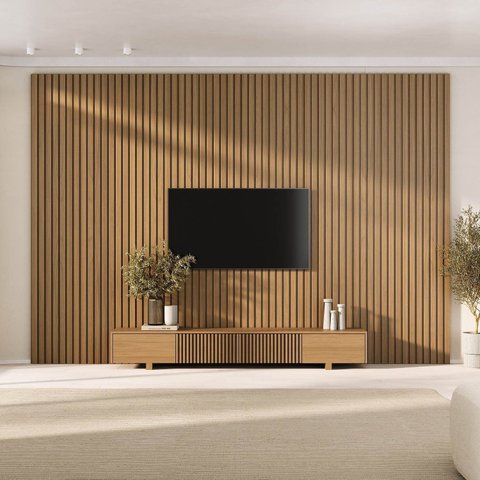 Rack com Painel Ripado para TV até 86 Polegadas 360CMX250CM Aruá CabeCasa MadeiraOriginals