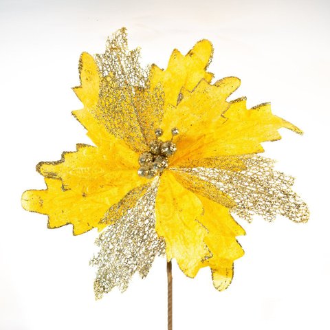 Kit 2 Flores Decoração Artificial Natal Brilho Amarela 30cm