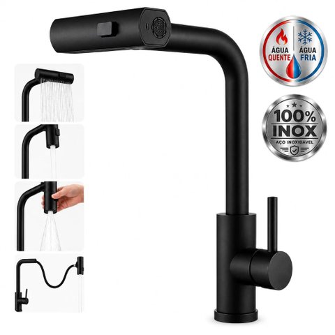 Torneira Gourmet Monocomando Misturador Preta Fosca 3 Jatos Extensivel Quente e Frio