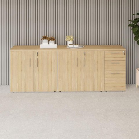 Armário Balcão 1,96m x 45cm Escritório e Home Office com 4 Portas 2 Gavetas e 1 Gavetão Fichá
