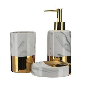 Jogo para Banheiro Porcelana Marble Marmorizado e Dourado 3 Peças - Tuut