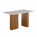 Ver imagem 1 de Mesa Sala de Jantar Ripada Tampo com Vidro 1,60m Santiago Madeirado/off White Dobuê Madeirado/off