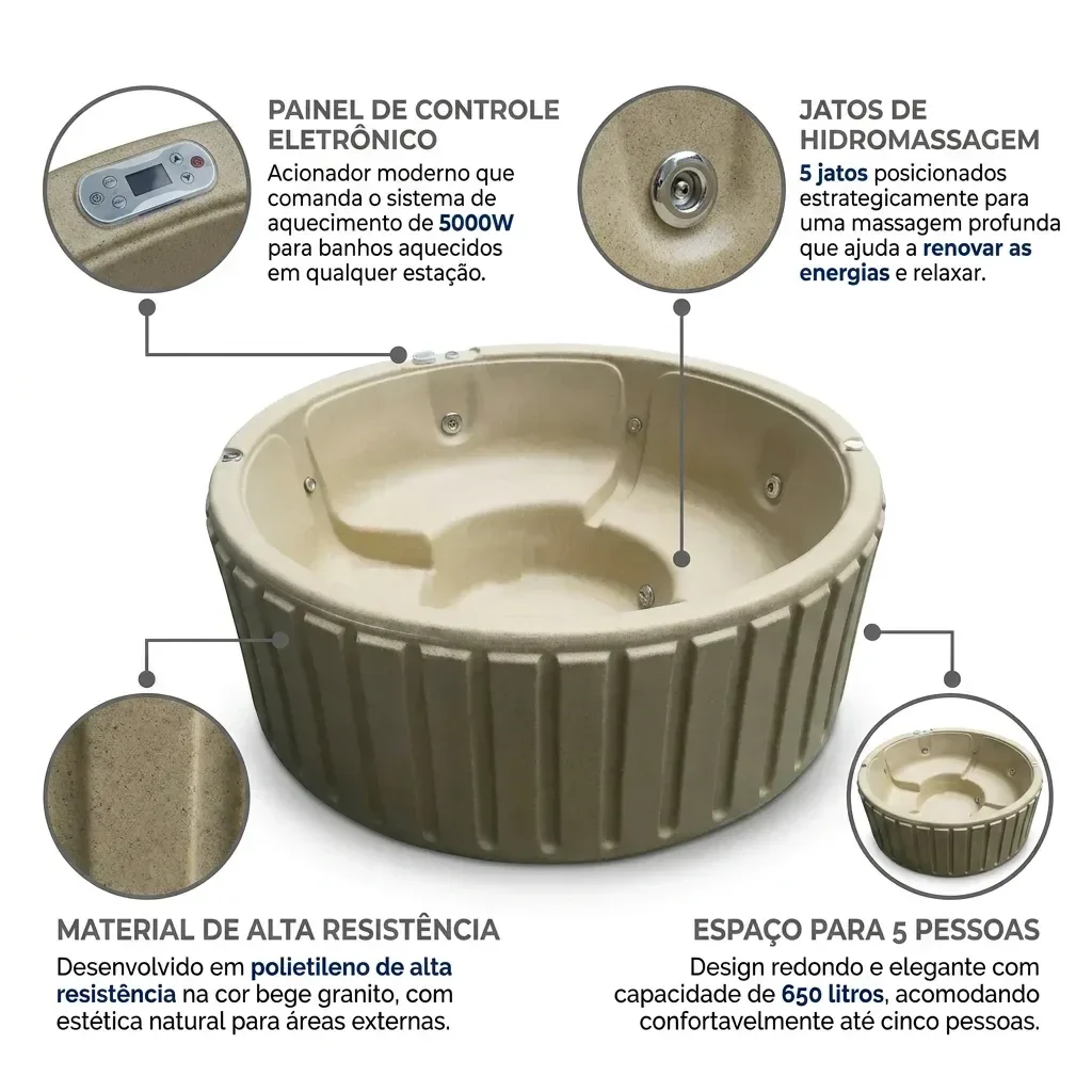 Ver imagem 4 de Spa Hidromassagem Portátil Eco Spa Premium Ouro Fino com Aquecedor e Smart Home 5 Lugares Bege 220V