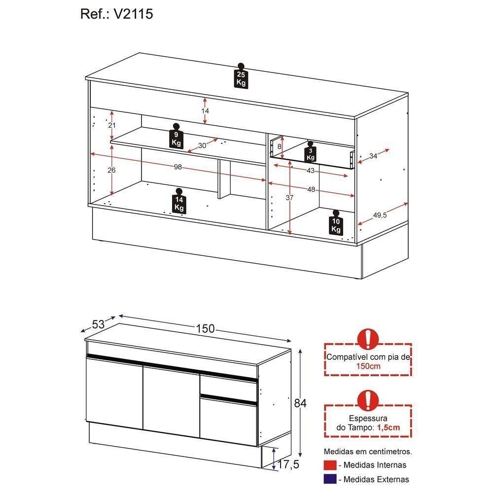 Balcão Cozinha Gabinete Pia 150cm com Rodapé 3 Portas 1 Gaveta Veneza Multimóveis V2115 Preto/Dourad - 5