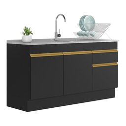 Balcão Cozinha Gabinete Pia 150cm com Rodapé 3 Portas 1 Gaveta Veneza Multimóveis V2115 Preto/Dourad - 2