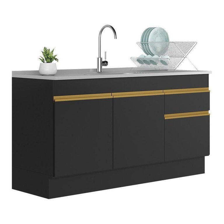 Balcão Cozinha Gabinete Pia 150cm com Rodapé 3 Portas 1 Gaveta Veneza Multimóveis V2115 Preto/Dourad