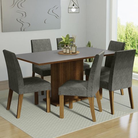 Conjunto Sala de Jantar Mesa Tampo de Madeira 6 Cadeiras Rustic/cinza/silver Renata Madesa