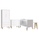 Ver imagem 1 de Dormitório Infantil Theo Retrô 2 Portas, Cômoda, Berço e Mesa de Apoio Branco com Pés Amadeirado - R