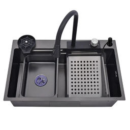 Cuba Cozinha Gourmet Premium Cascata com Torneira Lavador Copos Aço Inox 304 Preto - 1