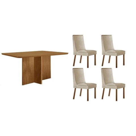 Sala Jantar Mesa Berlim Tampo Curvo 120cm+4 Cadeiras Dakota Madeira Naturale - Capuccino/suede Creme