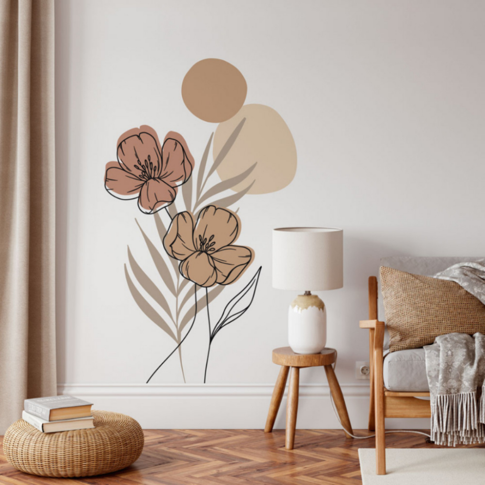 Adesivo de Parede Flor Contemporâneo Marrom Pastel Minimalista