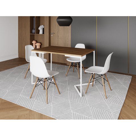 Mesa de Jantar Industrial Base Ferro Branco em  V  Tampo 137x90 Amendoa 4 Cadeiras Eames Madeira Ass