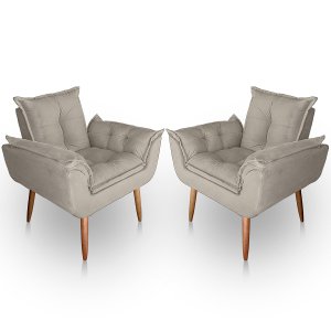 Kit 02 Poltrona para Sala e Quarto Decorativa Opala Suede Bege