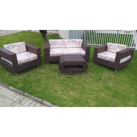 Conjunto de Sofá Fibra Sintética Quadrado Vazado - 1 Sofá 2L + 2 Poltronas + 1 Mesa Centro - Tecido 