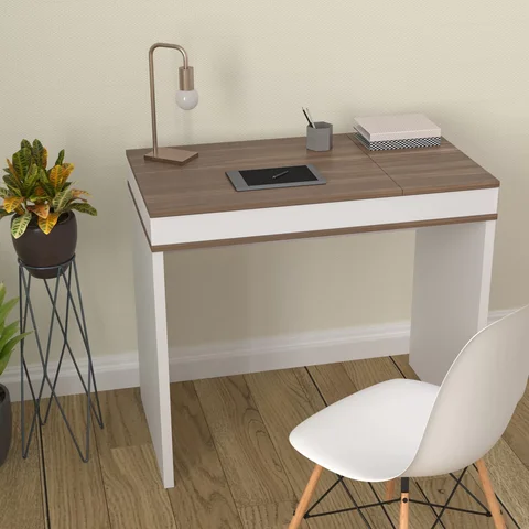 Escrivaninha Mesa Escritório Home Office Luma 2 Portas 85cm Ipê e Branca Artany