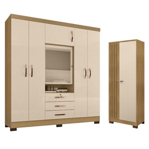 Guarda Roupa Casal Imperial com Armário Multiuso Versátile Carvalho Americano Off White -