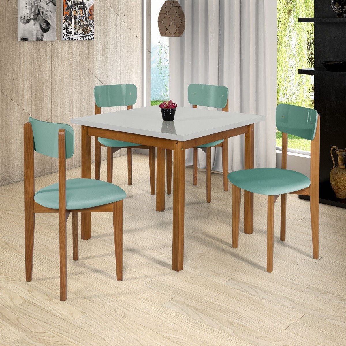 Kit Mesa De Jantar 90x90 Com 4 Cadeiras Cozinha Apartamento Elisa - Menta/Off White - 2