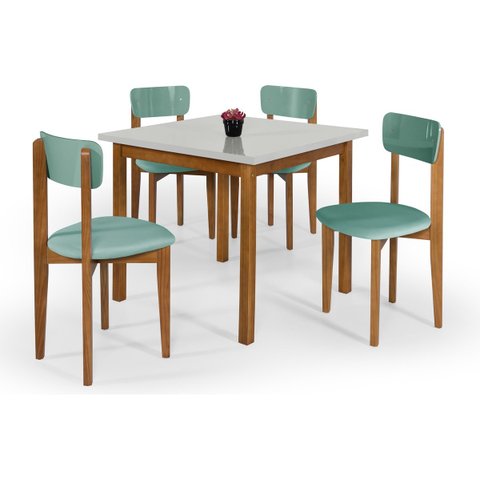Kit Mesa De Jantar 90x90 Com 4 Cadeiras Cozinha Apartamento Elisa - Menta/Off White