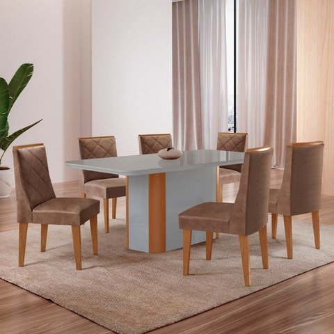Conjunto Sala de Jantar Mesa Tampo MDF/Vidro 6 Cadeiras Ester Off White/Marromle
