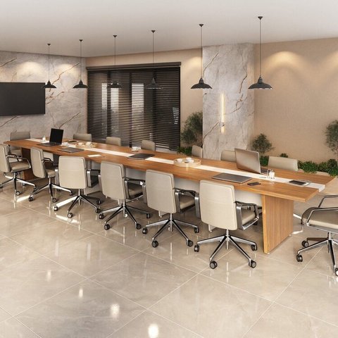 Mesa Reunião Escritório 14 Lugares com Caixa de Tomada, Tampo Engrossurado 50mm Marrom/Freijó/Branco Artany