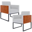 Ver imagem 1 de Kit 2 Poltronas Decorativas Sala Base Fixa Metal Helô L02 Linho Cinza Couríssimo Camel - Lyam