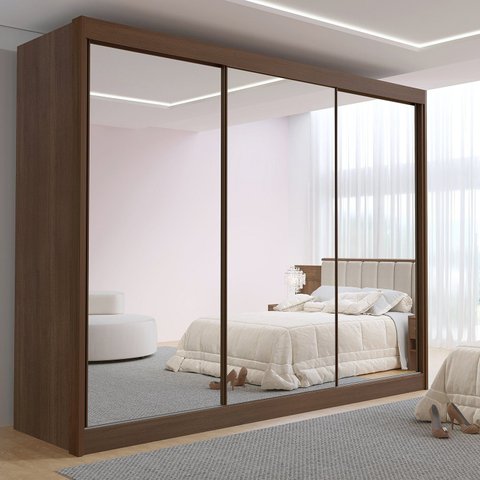 Guarda Roupa Casal MDF Espelhado 3 Portas 6 Gavetas Qatar Marrom/Cinamomo