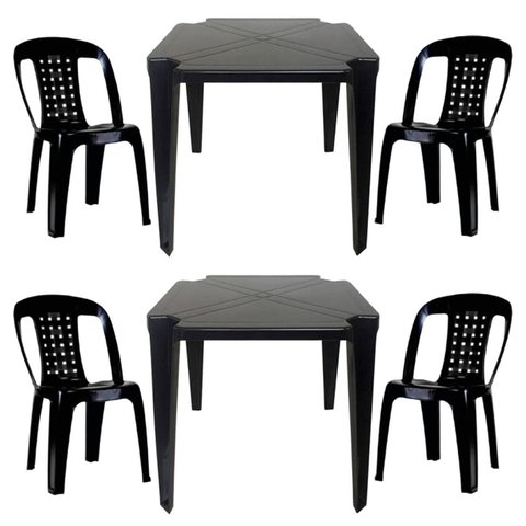 2 Mesas Quadradas Plástico Monobloco 70cm Preta + 4 Cadeiras Vime Empilhável