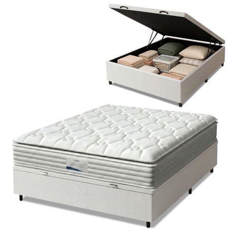 Cama Box Baú Casal Colchão Molas Ensacadas Granville com Pillow Probel Branco