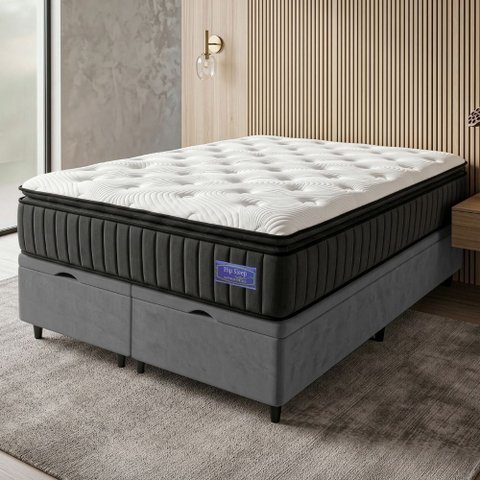 Cama Box Baú Queen Colchão Ortopédico Titã Molas Ensacadas Pillow Top Hip Sleep