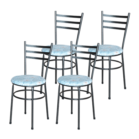 4 Cadeiras Epoxi Preta Craqueada Assento :Floral Gelo