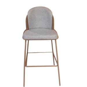 Banqueta com Encosto Estofado e Base em Aço Carbono Champanhe – Cristal Exclusiva Linho Cinza 202