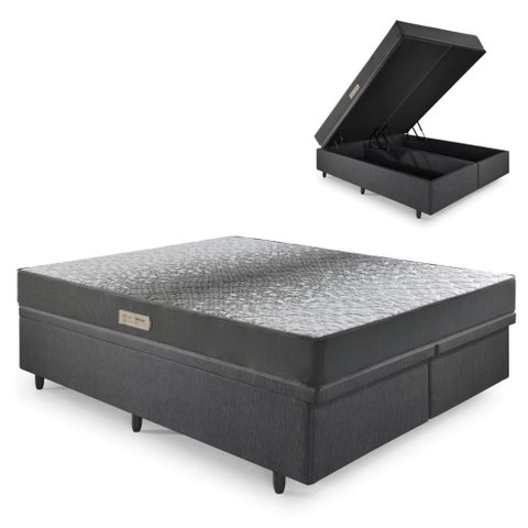 Cama Baú Casal 138x188 Bipartido Courino Linho Preto com Dual Firm Espuma Ecoflex