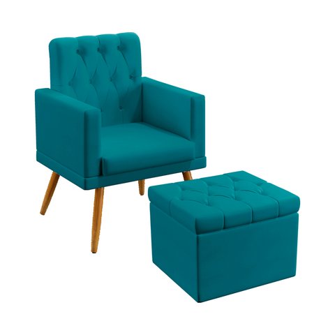 Kit Poltrona Vega Capitonê com Puff Quasar Suede Azul Turquesa Aradecor