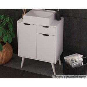 Bancada de Banheiro C/ Pés Bn3637 S/ Cuba C/ 2 Portas e 1 Gaveta 60cm Branco - Tecno Mobili