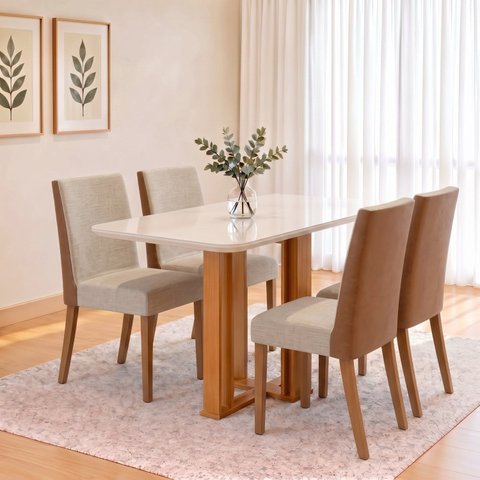 Conjunto Sala de Jantar Mesa Manu 120cm Tampo MDF e Vidro Canto Arredondado 4 Cadeiras Anne