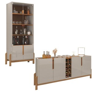 Aparador Buffet 190 com Cristaleira Lizz Pés Madeira Maciça Off White/cedro