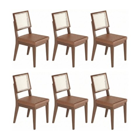 Conjunto de 6 Cadeiras de Madeira Maciça Saga Palhinha Natural com PU Caramelo
