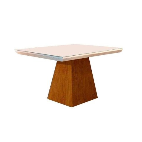 Mesa para Cozinha Luna + Tampo Madeirado Vidro Reto 90x90cm Imbuia/off White - Rufato