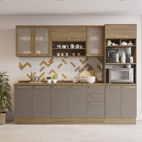 Armário de Cozinha Modulada Completa Reta 7 Peças 2,70m 202 Botanic Kappesberg - Nogueira/fendi