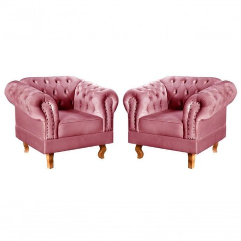 Conjunto 2 Poltronas Dom Pedro Suede Pés Torneados Rosa 280 Bella Decor
