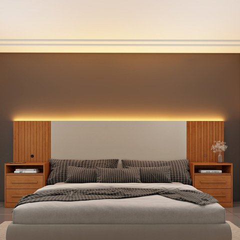  Cabeceira Box Casal/Queen Ripado com LED e 4 Gavetas 246cm x 108cm Espresso Móveis
