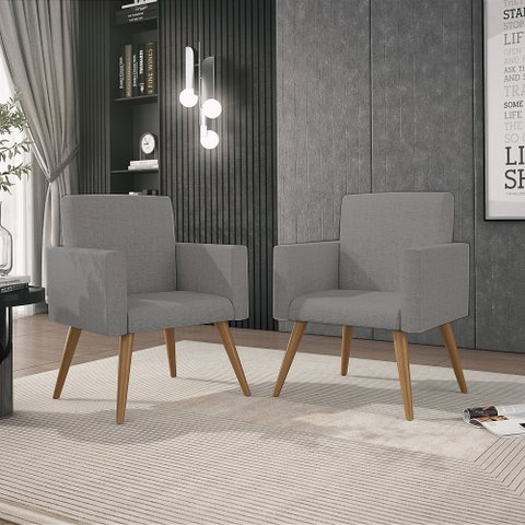 Kit 02 Poltrona Decorativa Cadeira Escritório Recepção Linho Cor:Linho Grafite