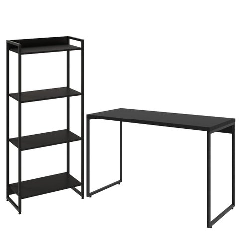 Kit Escritório Estante Areta 4 Prateleiras com Mesa Industrial Aspen 120cm C01 Onix - Lyam Decor
