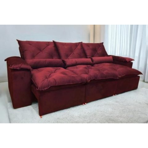 Sofá Retrátil e Reclinável 2,70m em Tecido Veludão C/pillow Nos Braços Athenas:vinho/270cm