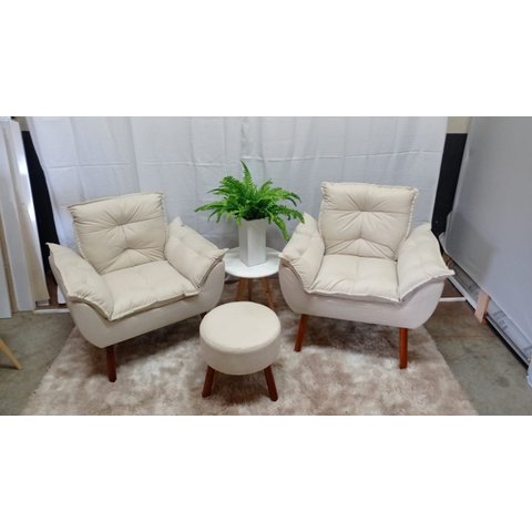 Kit 02 Poltrona Opala + 01 Puff Redondo Bege -Modena Decor