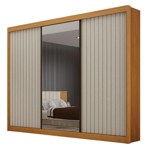 Guarda Roupa Casal 3 Portas San Marino Gold 6 Gavetas Cinamomo Off White Ripado com Espelho - Leifer