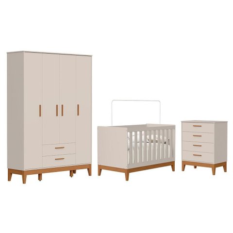 Dormitório Infantil Flip Guarda Roupa 4 Portas, Cômoda 4 Gavetas e Berço Areia Fosco - Reller Mó