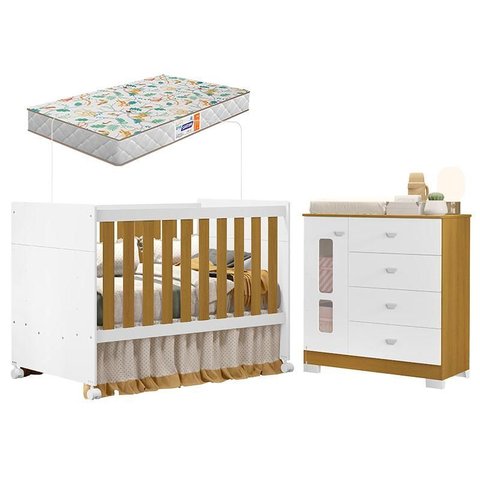 Berço Americano e Cômoda Infantil Katatau Branco Acetinado Savana com Colchão Gazin – Reller
