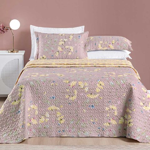 Kit Cobre Leito Colcha Dallas Casal Padrão Dupla Face Estampada 3 Peças - Rosê Lavanda Floral